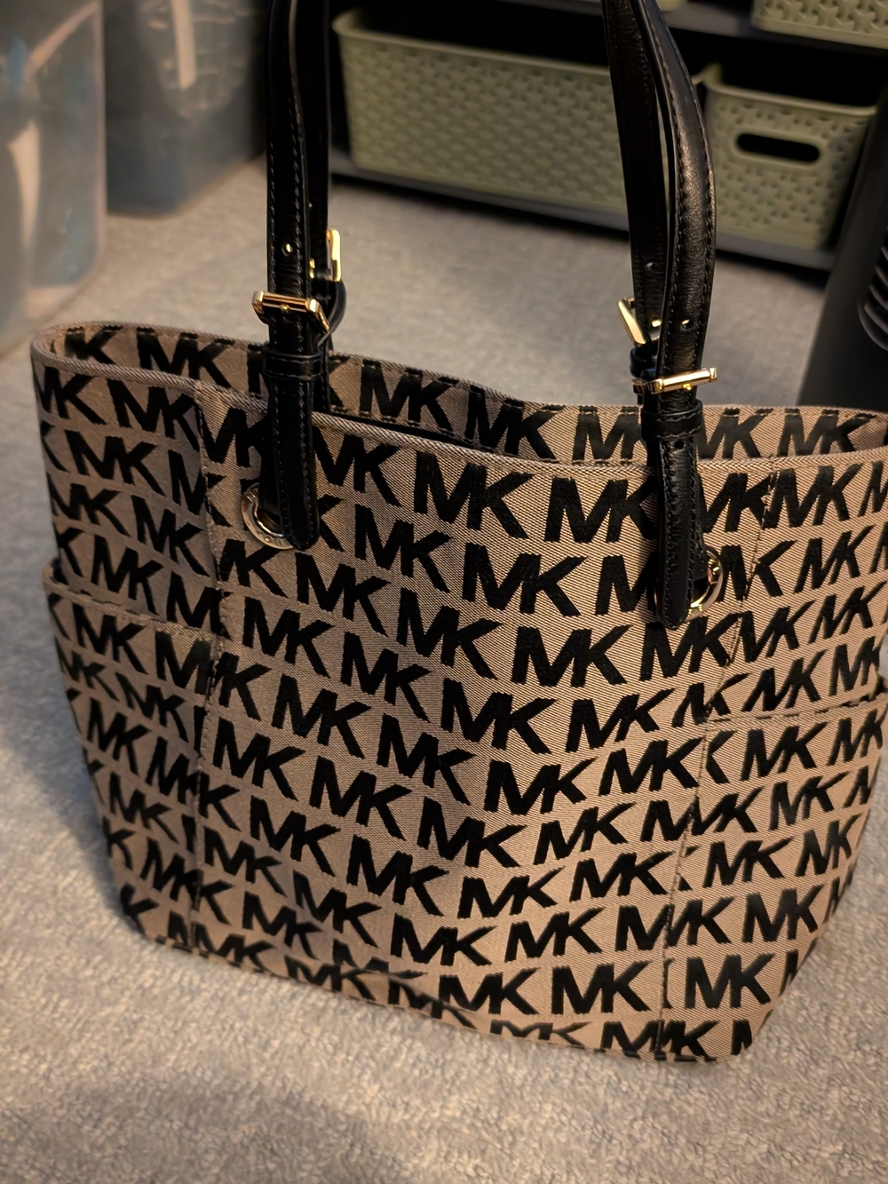 Michael Kors Black Logo Beige Canvas Tote Bag